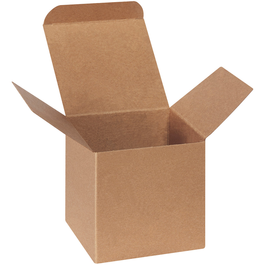 Secure small product shipments with our 4x4x4" kraft reverse tuck folding cartons featuring pye-lock tucks for positive locking and federal compliance. Made from durable .024 point die-cut fibreboard and shipped flat to minimize storage and logistics costs. 250 cartons per case.