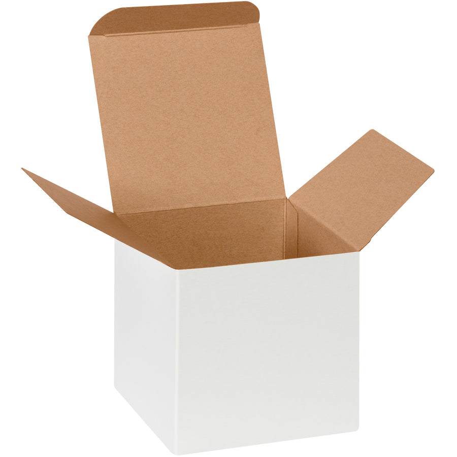 Premium 24-point white fibreboard reverse tuck folding cartons engineered for durability and cost-efficiency. These 4x4x4" boxes feature pye-lock tucks for secure, positive locking and ship flat to minimize freight costs and warehouse space. 250 per case–ideal for small product packaging that demands professional appearance and reliable performance.
