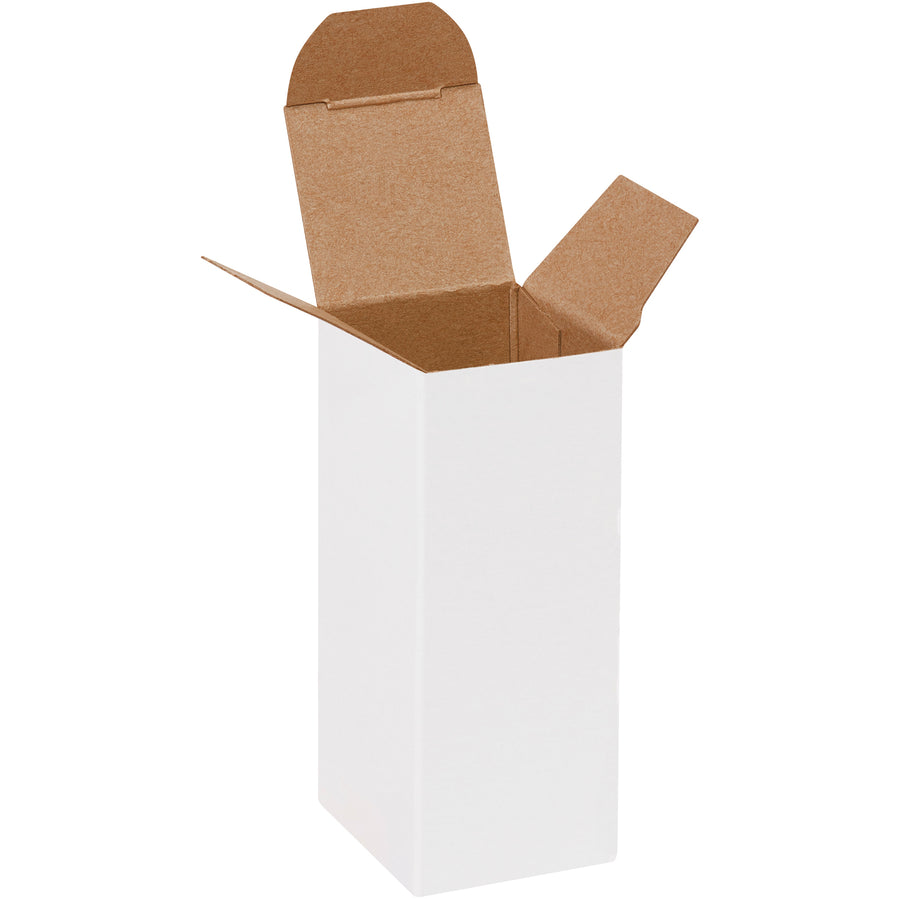 Premium 1.5" x 1.5" x 4" white reverse tuck folding cartons made from durable 24-point die-cut fibreboard. Featuring pye-lock tucks for positive locking and shipped flat to maximize storage and reduce shipping costs. Case of 1000 units meets or exceeds federal specification PPP-B-566.