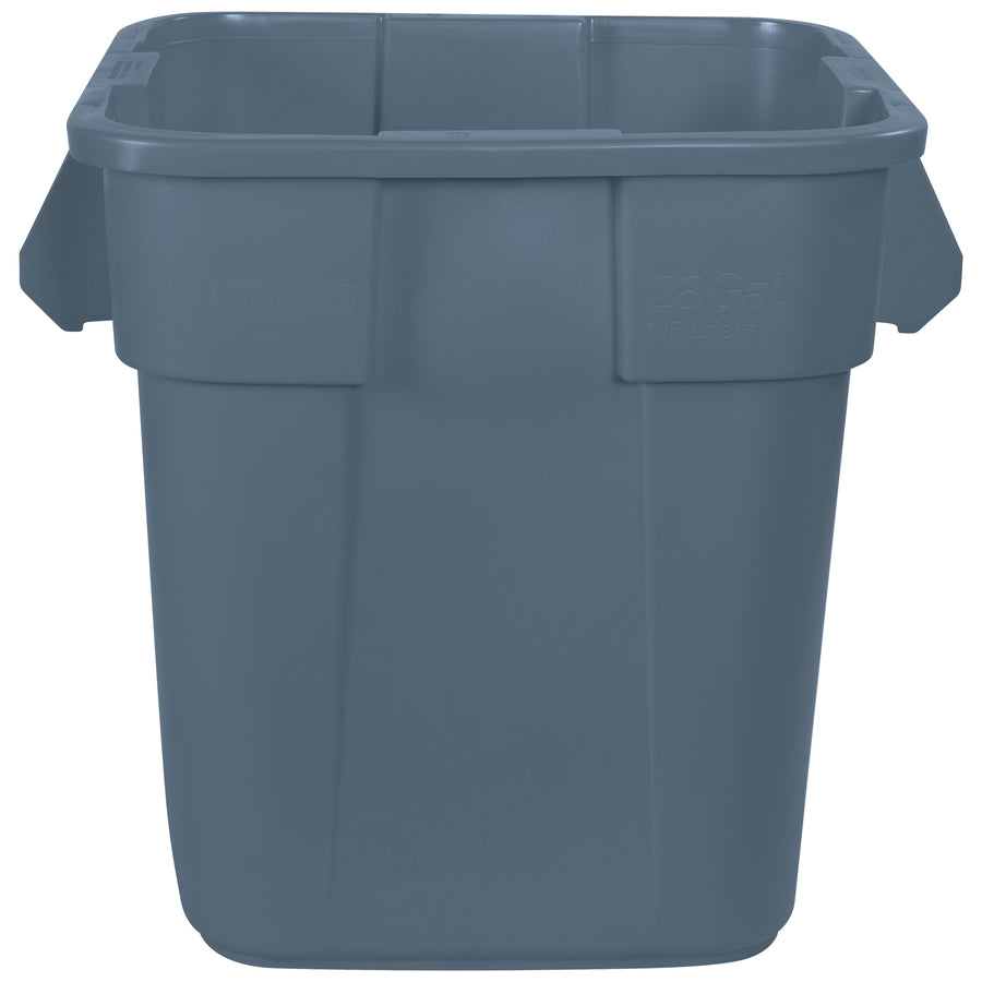 The 28-gallon Rubbermaid® Brute® square trash can delivers 14% more capacity than round containers in a durable gray plastic construction. Reinforced rims and molded grips ensure effortless lifting and handling in busy commercial environments. Nesting handles enable secure side-by-side stacking–perfect for warehouses, facilities, and high-traffic janitorial applications.