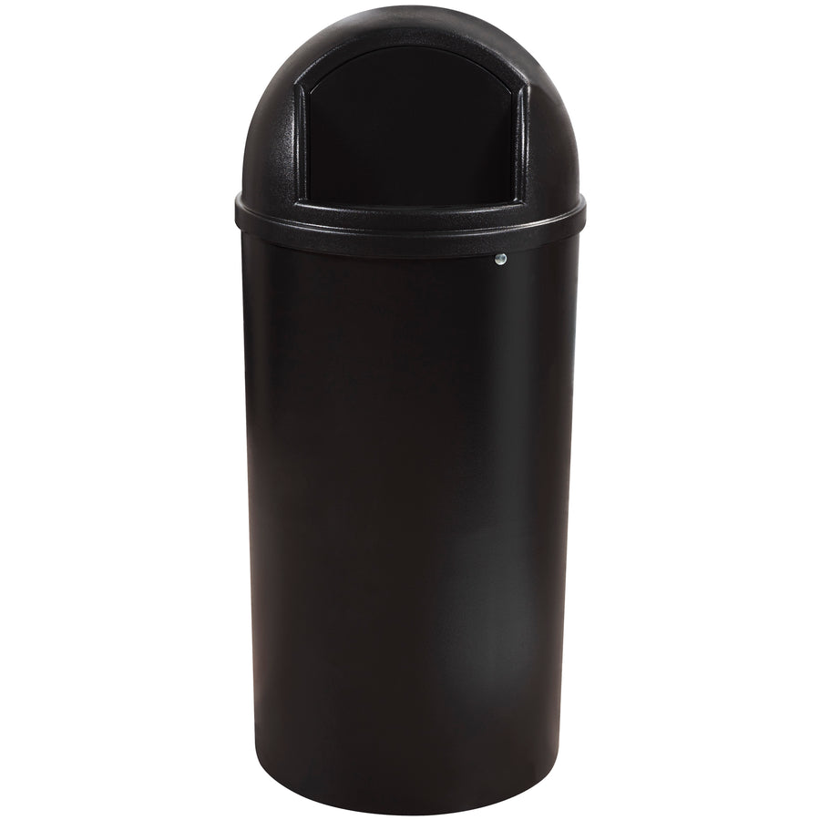 Factory Mutual (FM) approved commercial domed trash can engineered for fire safety and durability. Measures 42" high with structural foam plastic construction that resists dents, cracks, and scratches. One-piece design with hinged top and secure liner retainer bands for efficient waste management in high-traffic industrial facilities.