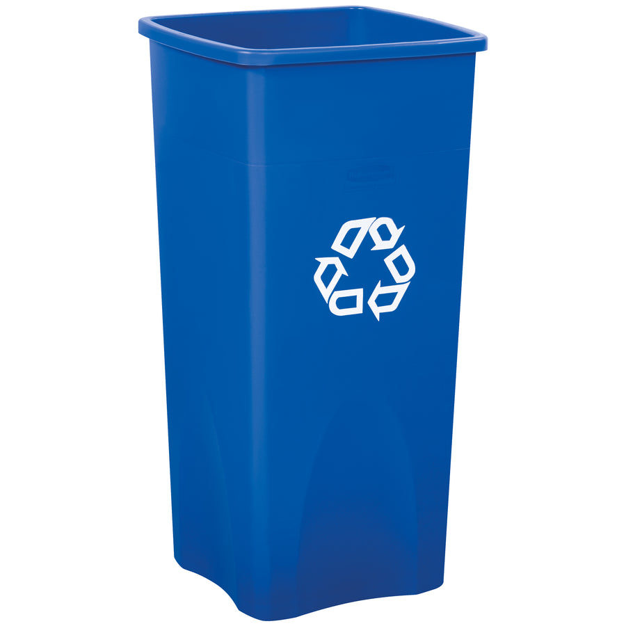 Maximize your floor space with this 23-gallon square recycling container designed for warehouse and manufacturing operations. Heavy-duty plastic construction (15.5" x 15.5" x 31") resists denting, peeling, and chipping. Universal recycle symbol imprint works indoors or outdoors–one container per order.
