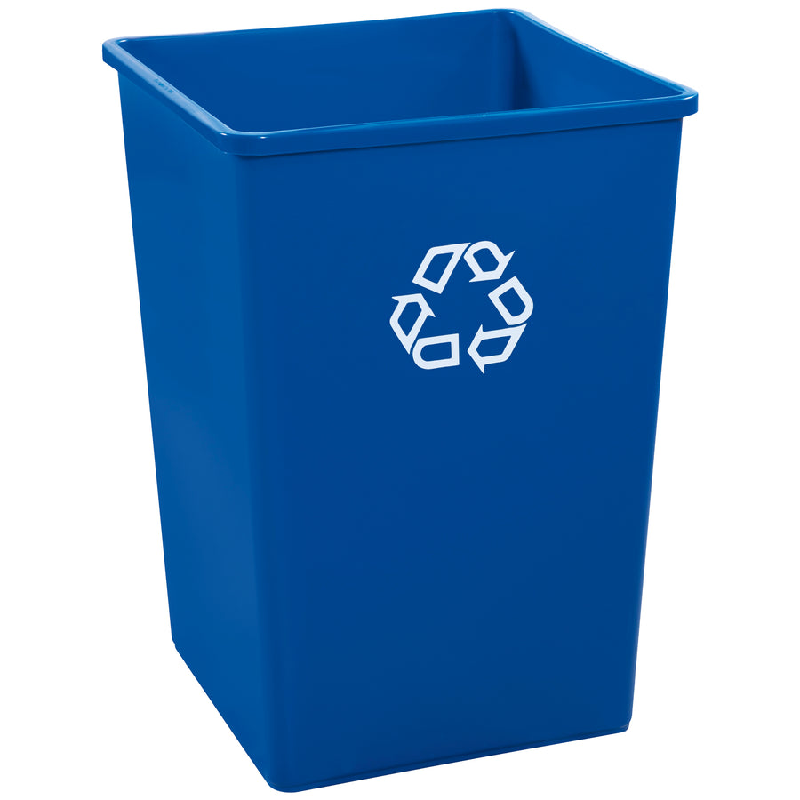 Maximize your facility's floor space with this heavy-duty 35-gallon square recycling container (19.5" x 19.5" x 27.9"). Built from durable plastic that resists dents, peeling, and chipping for long-term performance. Universal recycle symbol printed for instant staff recognition.