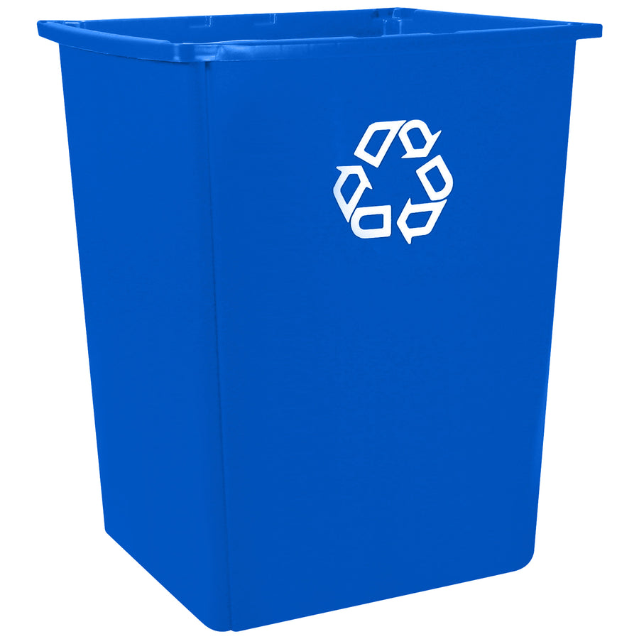 Heavy-duty 56-gallon recycling container engineered for high-volume warehouse and manufacturing floor recycling programs. Rubbermaid Glutton plastic construction resists denting, peeling, and chipping in demanding indoor/outdoor environments. Compact footprint (25.2" 22.75" 31.1") maximizes floor space while providing industrial-strength capacity for paper, bottles, and cans.