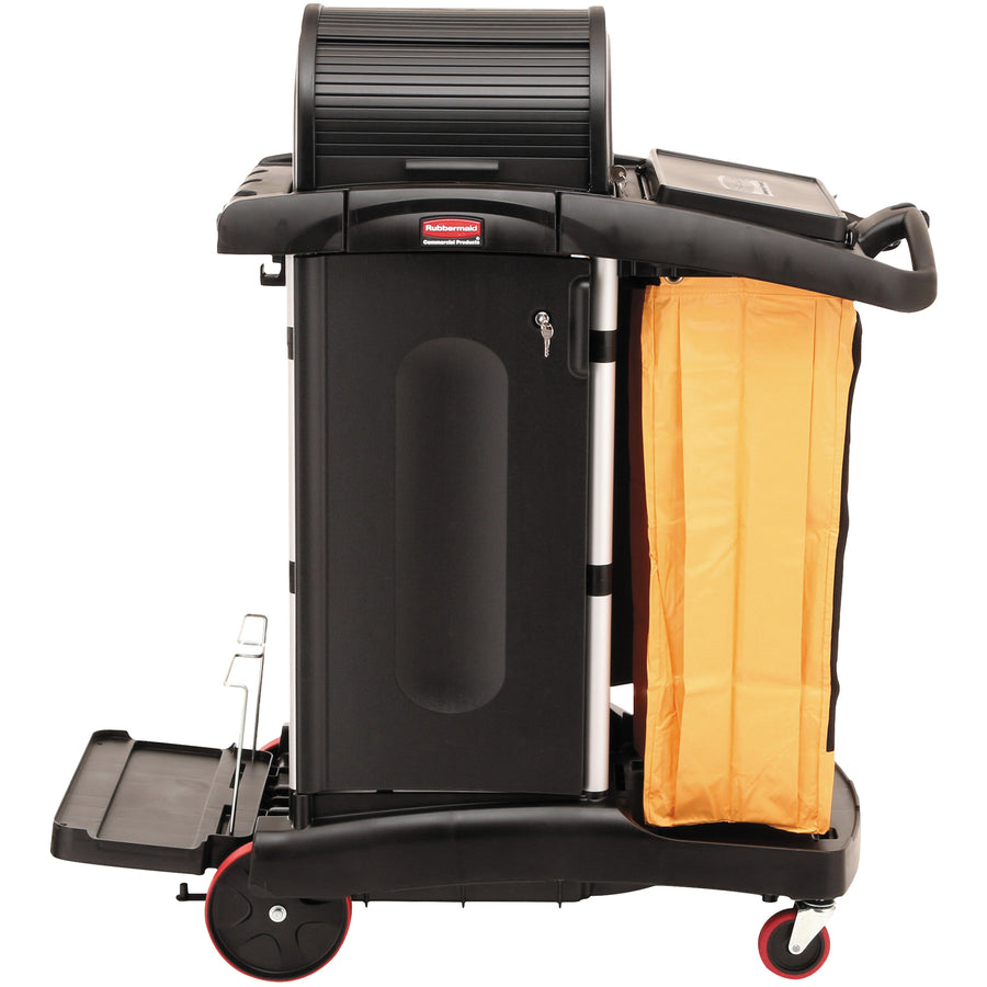 Rubbermaid high-security janitor cart keeps cleaning supplies locked and concealed when unattended. Heavy-duty plastic construction with 250 lb capacity, pre-assembled locking security hood, and dual 10 qt. caddies. Includes five tool grips, three shelves, and smooth 8" ball bearing wheels for quiet, effortless maneuverability in facilities of all sizes.