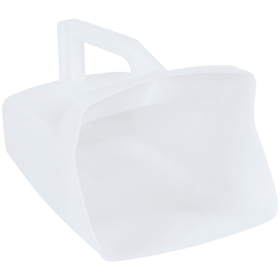 Heavy-duty 64 oz (2 quart) white plastic utility scoop engineered for industrial janitorial and facility maintenance applications. Dishwasher safe with a smooth, easy-to-clean surface that resists residue buildup. Perfect for scooping ice melt, sweeping compound, dry goods, and bulk ingredients in commercial settings.
