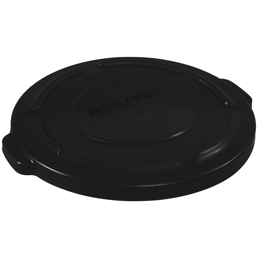 Heavy-duty flat lid engineered for Rubbermaid Brute 20-gallon trash cans. All-plastic construction resists rust, dents, chipping, and peeling in demanding commercial environments. Snap-on design ensures secure fit and stable stacking for janitorial and waste management operations.