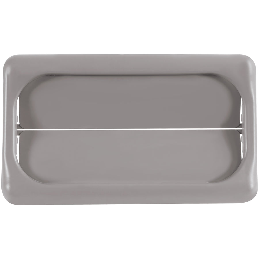 Heavy-duty plastic swing top lid designed for 23-gallon Slim Jim trash cans (22" x 11" opening). Keeps waste concealed and sanitary while resisting damage in high-traffic janitorial environments. Easy to clean and built to outlast standard bin lids.