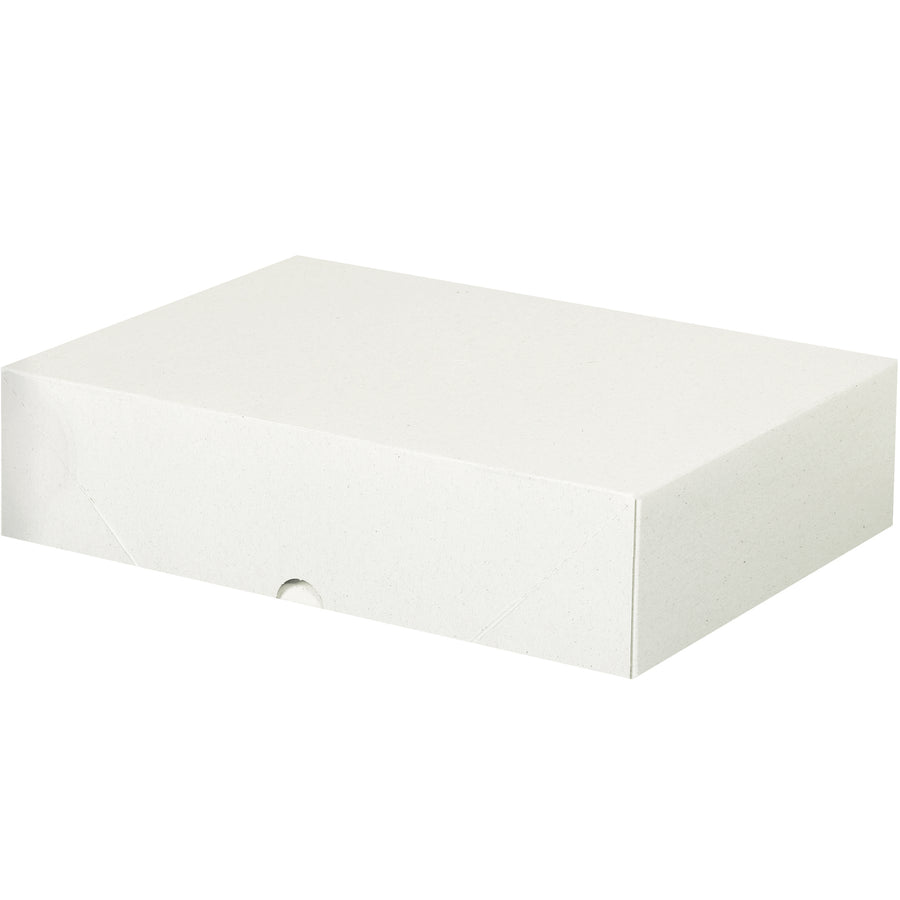 Heavy-duty white fibreboard folding cartons measuring 8.625" x 12" x 3" with innovative snap-out construction that assembles instantly without tools or adhesive. Ships and stores flat to maximize warehouse efficiency. Sold in case quantities of 150 units for cost-effective bulk purchasing.