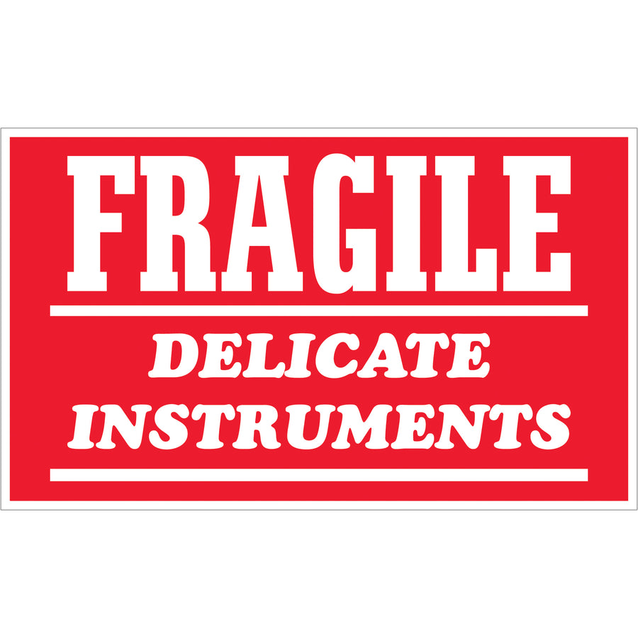 OSHA-compliant fragile instrument warning labels in bold red and white. Each 3" x 5" semi-gloss label instantly alerts handlers to delicate contents, reducing damage claims and shipping delays. Sold as rolls of 500 with compatible dispensers available for table-top or wall-mount application.