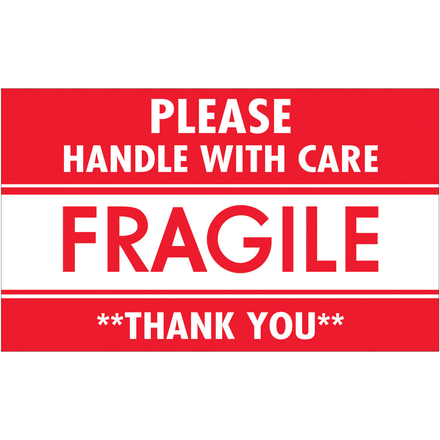High-visibility 3x5" Fragile - Handle With Care labels printed on semi-gloss coated paper. Bold red and white design commands immediate attention in warehouses and during transit. 500 labels per roll with compatible tabletop and wall-mount dispensers available for streamlined warehouse operations.