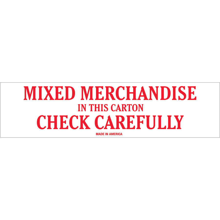 Professional 2" x 8" Mixed Merchandise shipping labels printed on durable semi-gloss coated paper with bold red/white design for maximum visibility in transit. Recognized across multiple countries for special handling compliance. Available in rolls of 500 with compatible tabletop and wall-mount dispensers.