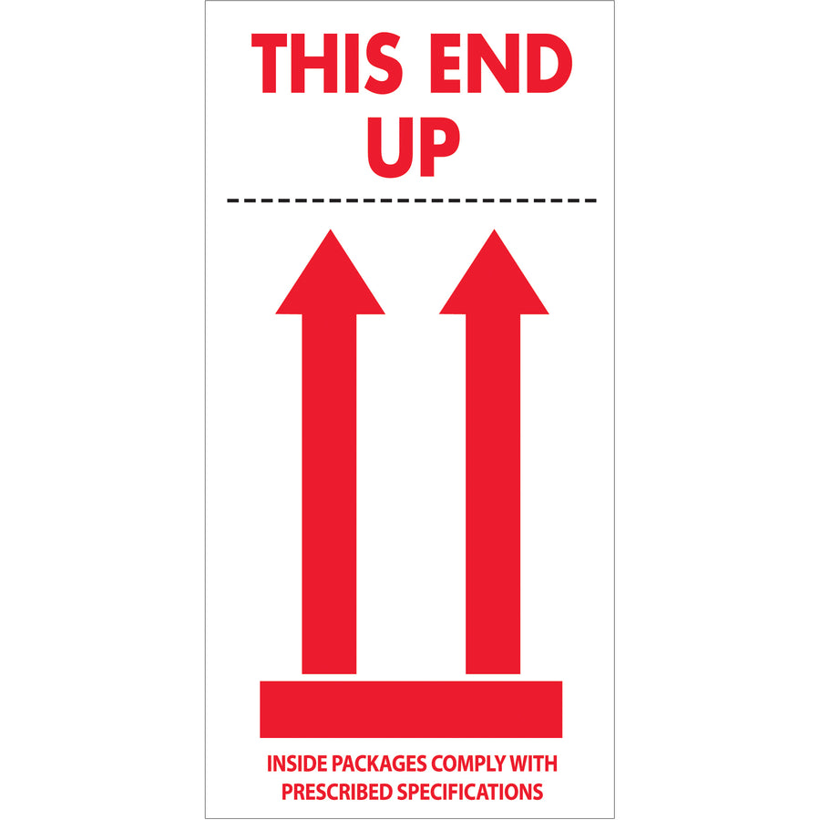 Internationally recognized This End Up labels ensure proper package handling across borders and domestic shipments. Each 4x8" label prints on durable semi-gloss coated paper and comes in rolls of 500 for high-volume operations. Red and white design meets global shipping compliance standards for logistics coordinators and shipping teams.