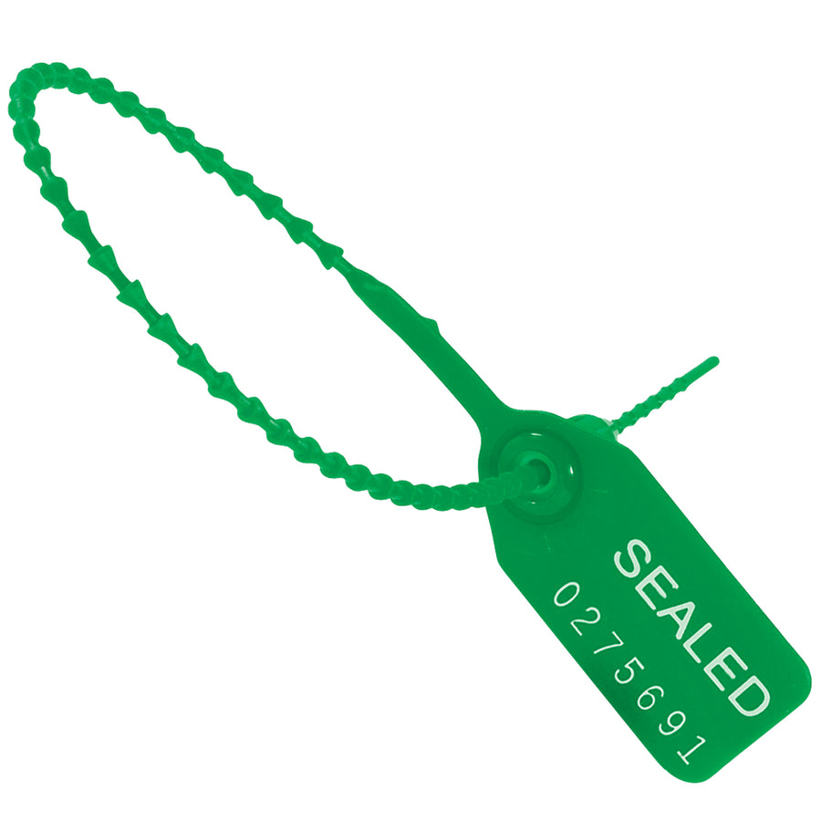 Secure your shipments with consecutively numbered 12" green plastic pull-tight seals offering adjustable tamper-proof protection. Heavy-duty one-piece construction with acetal locking mechanism withstands extreme temperatures. Case of 100 seals matted in convenient strips of 10 for instant deployment.