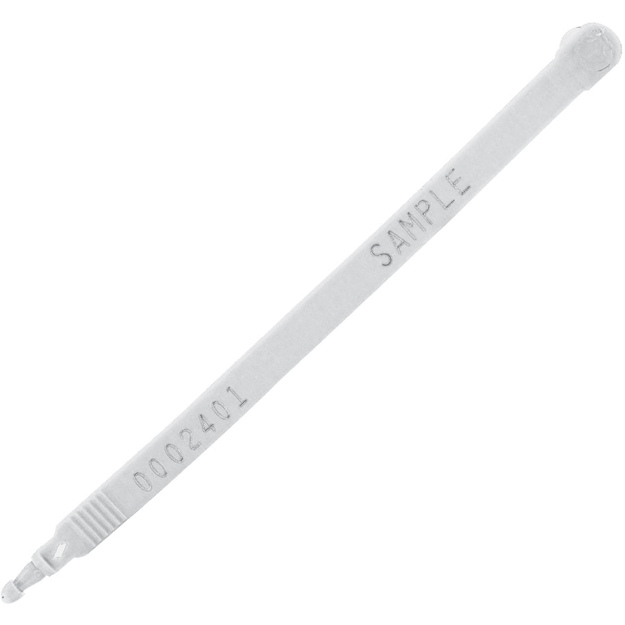 Industrial-grade 7.5" white plastic truck seals engineered for maximum trailer security and DOT compliance. Featuring a patented acetal locking chamber and one-piece HDPE construction, these tamper-evident seals withstand extreme temperatures while remaining cost-effective. Sold in convenient strips of 20 with consecutive numbering–100 seals per case, zero plastic waste.