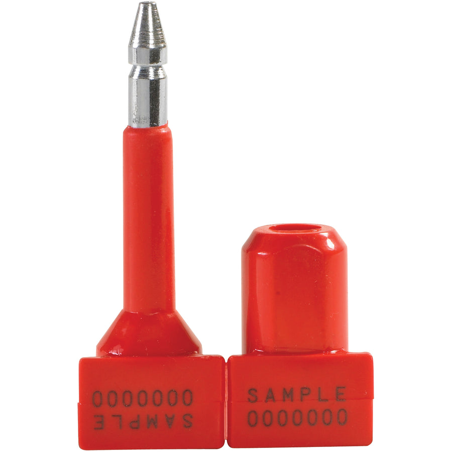 Industrial-grade security seals combining solid steel bolts with molded plastic tamper-evidence coating. Each 1 1/4" seal features laser-printed matching numbers on bolt and body for maximum security. Sold as a case of 50‚ideal for containerized shipping and high-value merchandise protection.