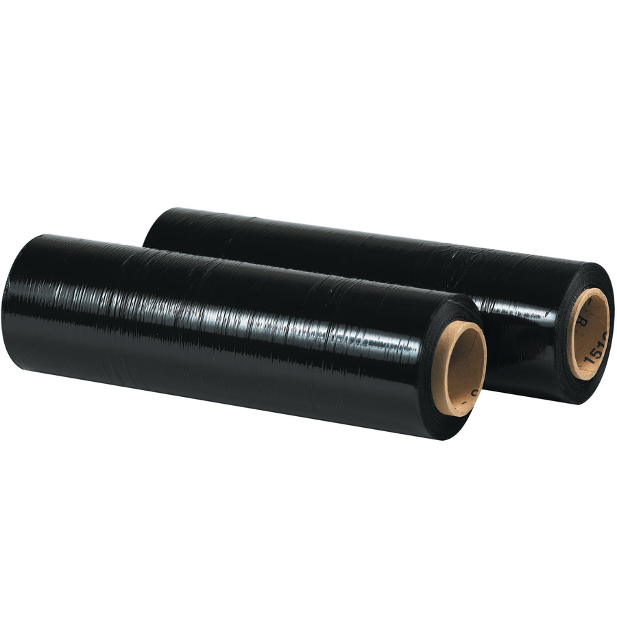 Heavy-duty 80 gauge black hand stretch film engineered for non-standard items and loads up to 2,500 lbs. Puncture-resistant blown film delivers superior load retention in one pass. Works in extreme cold down to -5°F. Sold as case of 4 rolls.