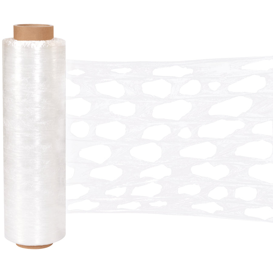 Keep perishables fresher longer with our 20" x 1500' clear polypropylene vented pallet wrap. FDA-compliant die-cut holes provide consistent airflow while securing loads. Available for both hand and machine application‚machine stretch up to 250%.