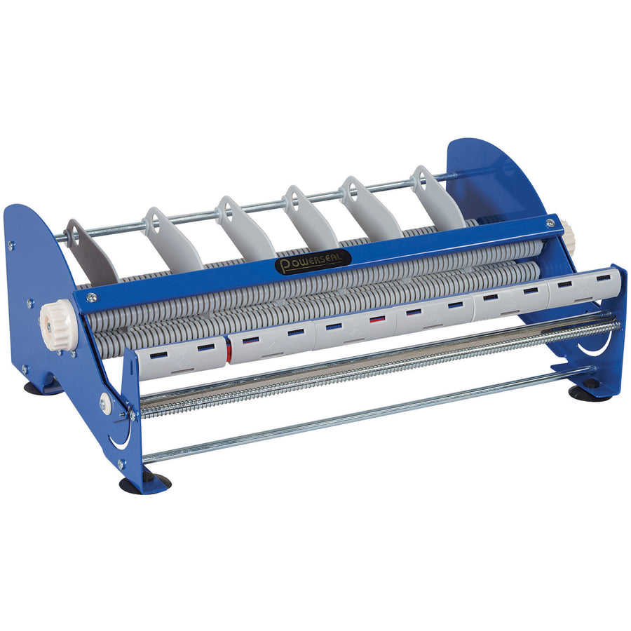 Heavy-duty steel table top label dispenser designed for shipping coordinators who need faster label and tape application. Features adjustable roll dividers, non-skid suction base, and accommodates up to 6" roll diameter. Get labels on packages 10x faster than hand application.