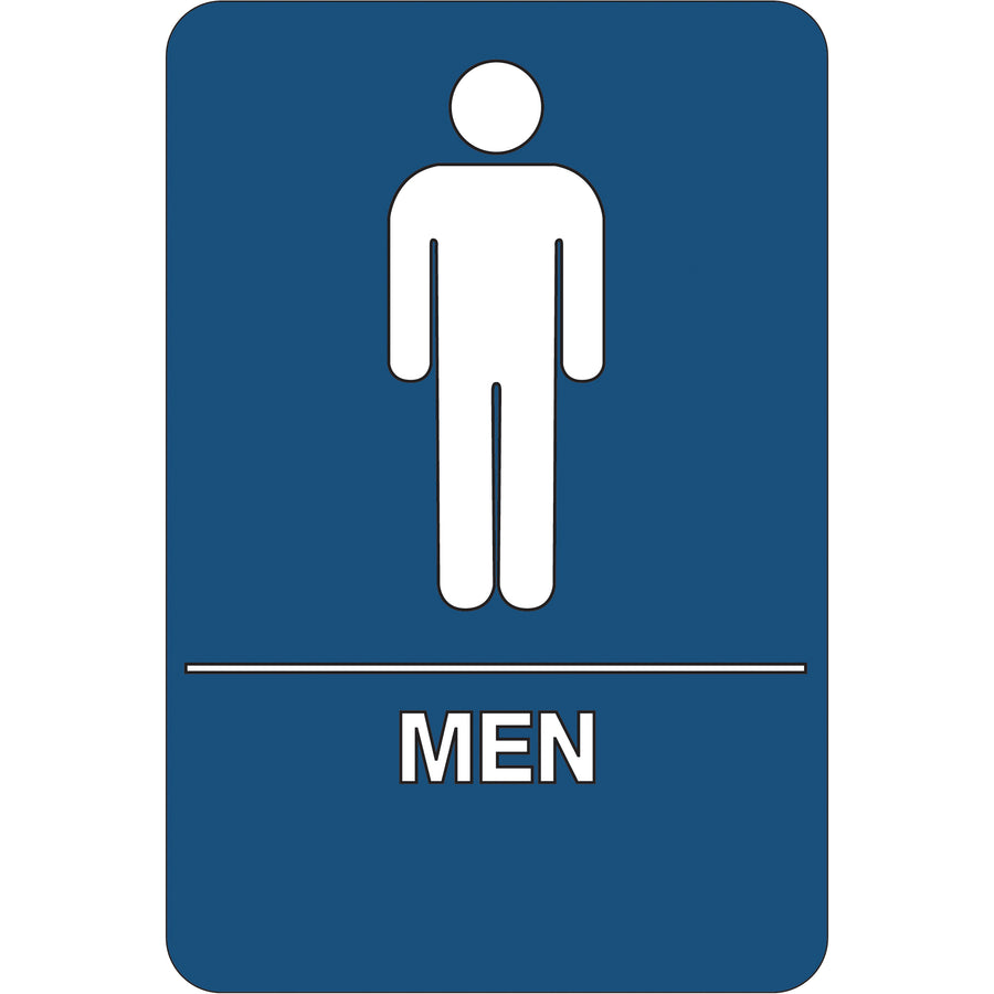 Meet ADA compliance requirements with this durable 6" x 9" men's restroom sign made from industrial-grade 1/4" thick ABS plastic. Pre-applied double-sided foam tape simplifies mounting, saving your facilities team valuable installation time. Ships ready to install–one sign per package.