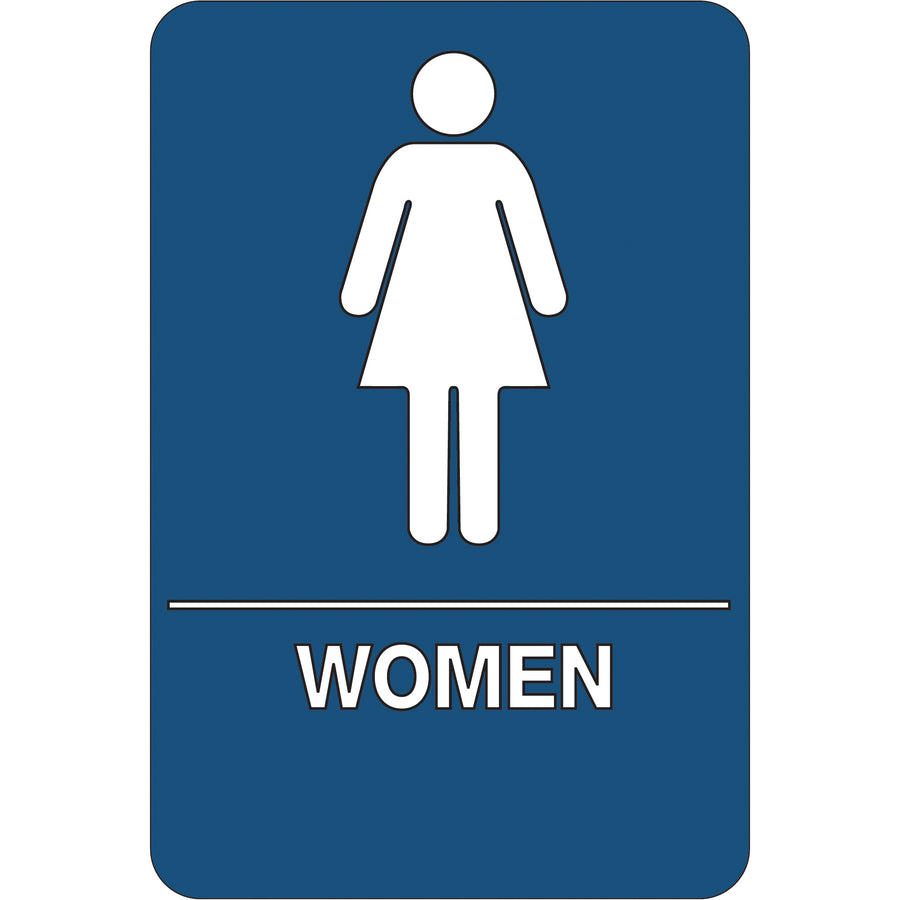 Meet ADA compliance requirements with this durable 6" x 9" women restroom sign made from ¼" thick ABS plastic. Pre-applied double-sided foam tape included for immediate installation. Sold as 1 each–no guessing on quantity or setup.