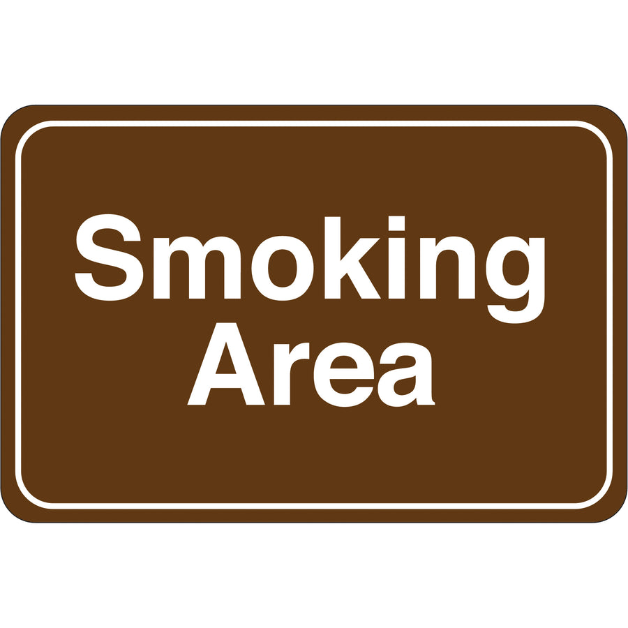 OSHA-compliant smoking area sign in durable 1/8" plastic construction. 6x9" brown and white design with pre-applied double-sided foam tape for instant mounting on walls, doors, and posts. Universal facility sign meets compliance requirements and improves workplace safety.