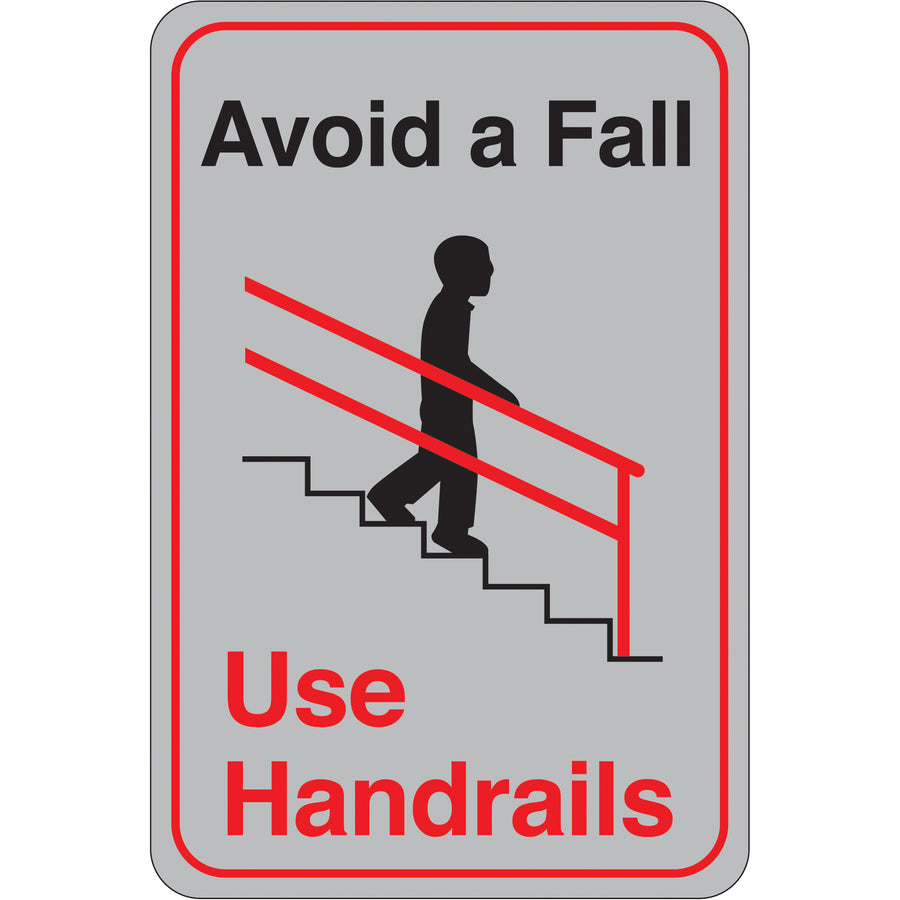 Durable 9" x 6" facility safety sign made from 1/8" thick plastic with universal mounting compatibility. Pre-applied double-sided foam tape simplifies installation on any surface. OSHA-compliant "Avoid a Fall" and "Use Handrails" messaging helps reduce workplace injuries and liability.