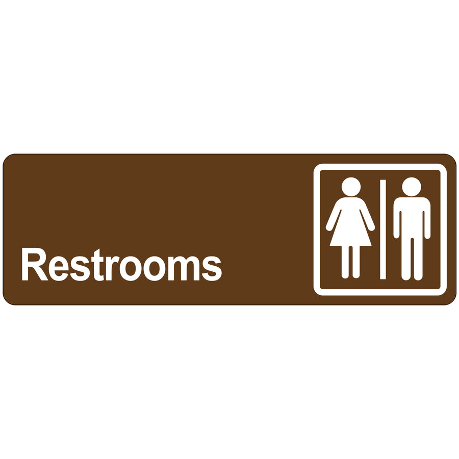 Professional-grade 3x9 brown acrylic restroom door sign with reverse back printing and adhesive backing for instant installation. Durable opaque design with clear acrylic cover and beveled edges resists wear in high-traffic facilities. Sold as 1 each–the reliable facility sign solution for offices, warehouses, and commercial spaces.