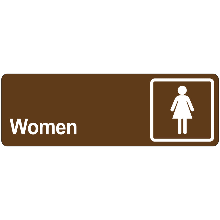 Professional-grade 3" x 9" acrylic women door sign with reverse printing and adhesive backing for instant installation. Brown acrylic construction with beveled edges ensures durability in high-traffic facilities. Sold individually–perfect for restrooms, offices, and facilities maintenance applications.