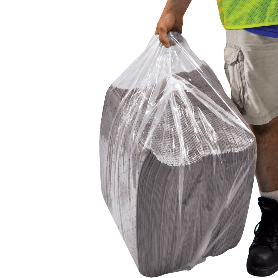 Heavy-duty universal sorbent pads sized 18x16" absorb oils, solvents, and industrial liquids efficiently. Dimple-bonded polypropylene construction with vertical perforation lets you tear off only what you need. Buy by the case of 100 for maximum cost savings.