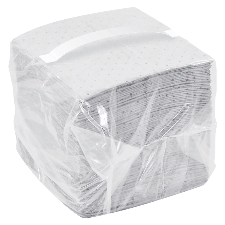 Heavy-duty polypropylene oil sorbent pads measuring 18x16 inches absorb petroleum products, oils, fuels, and hydraulic fluids efficiently. Float on water for easy cleanup of spills and drips. Sold in cases of 100 for maximum value and workplace safety.