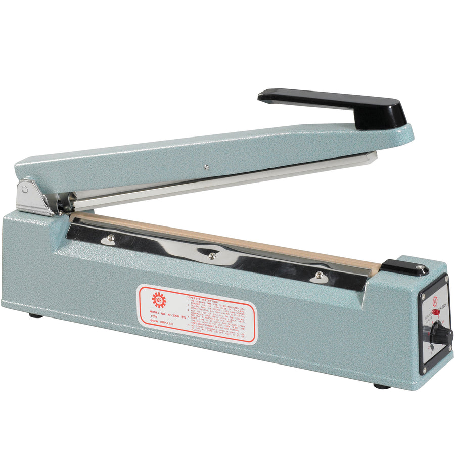 Professional-grade 12" wide seal impulse sealer delivers instant, consistent seals on polyethylene and polypropylene film without warm-up time. Features 24 mil sealing thickness for durable, reliable closures on single-layer and co-extruded bags. Ideal for high-volume packaging operations requiring speed and durability.