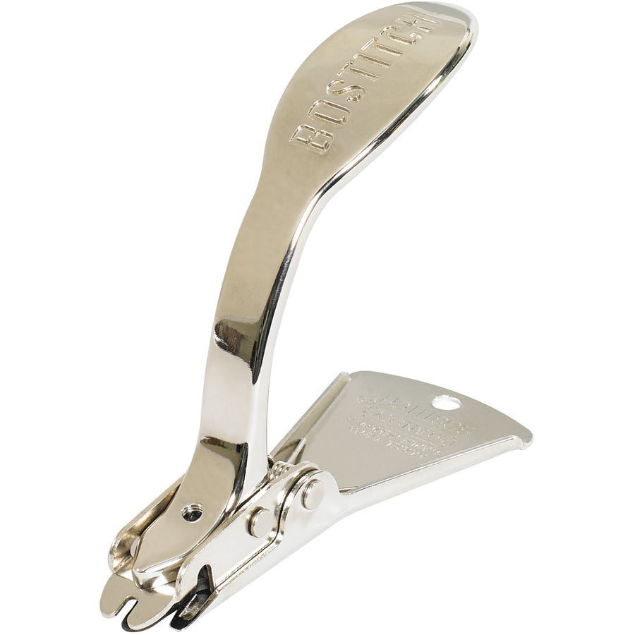 Heavy-duty metal staple remover engineered for industrial packaging environments. Features rocker action design for maximum leverage and reduced hand fatigue during high-volume fastener removal. Durable silver metal construction built to withstand daily warehouse and packaging operations.