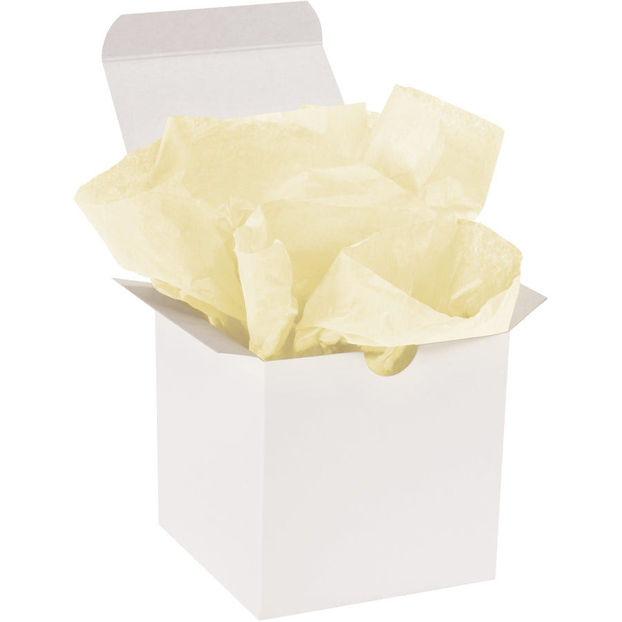 Professional-grade yellow tissue paper sheets sized 20x30" with 10 lb basis weight, sold by the case of 480. Special dyes resist fading and bleeding while soft texture on both sides provides cushioning and aesthetic appeal. Perfect for padding, void fill, and decorative gift wrapping in industrial packaging applications.