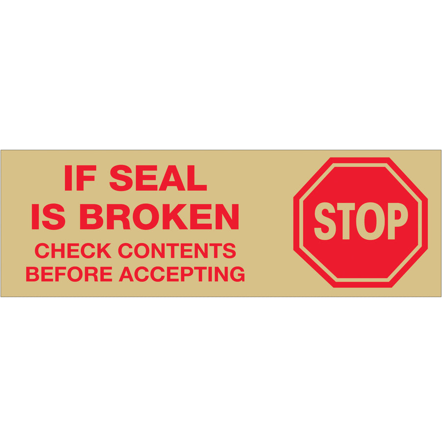 Integrate handling instructions directly into your case sealing process with this tan carton sealing tape featuring the "Stop If Seal Is Broken" message. Each roll delivers 55 yards of 2.2 mil waterproof acrylic adhesive tape that bonds reliably to corrugate while communicating critical instructions‚no separate labels needed. Case of 18 rolls optimized for high-volume packing lines and standard tape dispensers.