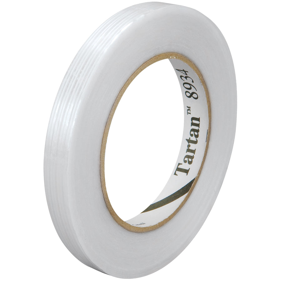Tartan™ 8934 filament tape delivers reliable carton sealing and bundling with minimal rub-down effort. This 1/2" x 60 yds roll features 4.0 mil clear polypropylene backing reinforced with glass yarn filaments and synthetic rubber adhesive. Each case includes 72 rolls for your packing line.