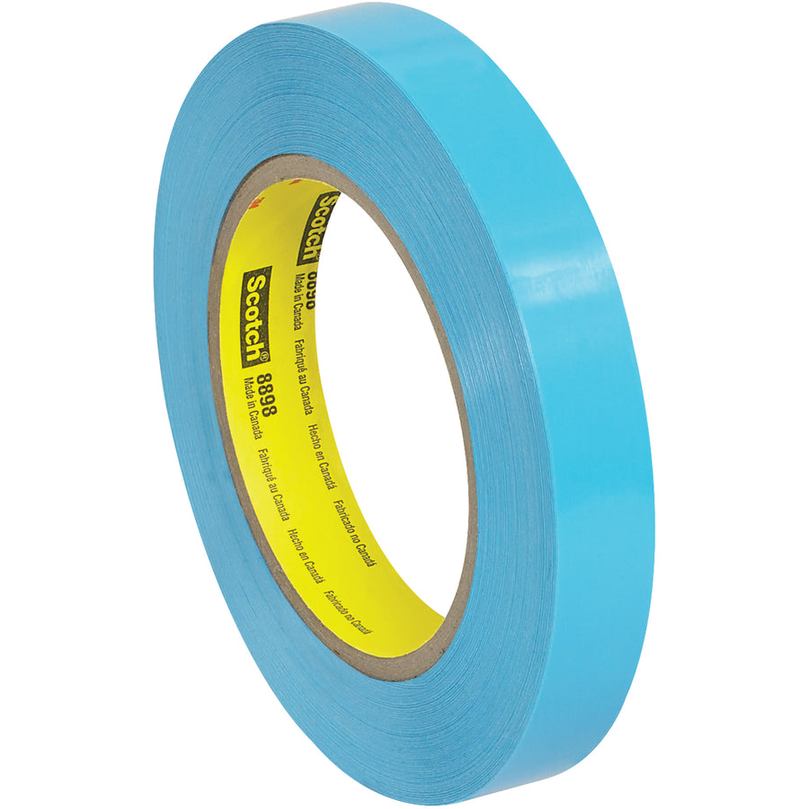 3M 8898 blue strapping tape delivers puncture-resistant, long-lasting adhesion for case sealing and industrial bundling. 4.6 mil polypropylene backing with synthetic rubber adhesive bonds firmly to multiple surfaces without filaments. Ships as a case of 48 rolls (3/4" x 60 yds each).