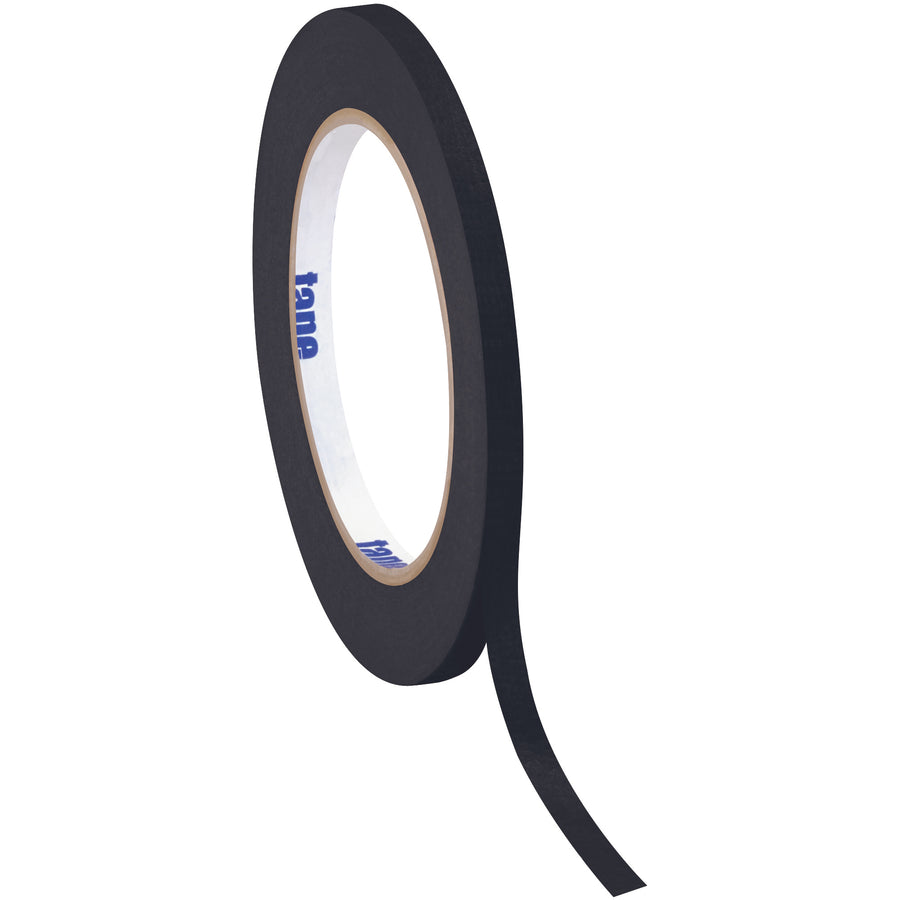 Professional-grade black masking tape designed for production line labeling, coding, and identification tasks. Each roll measures 1/4" x 60 yds with 4.9 mil thickness for reliable adhesion and clean removal. Case of 12 rolls delivers consistent supply for high-volume packing operations.