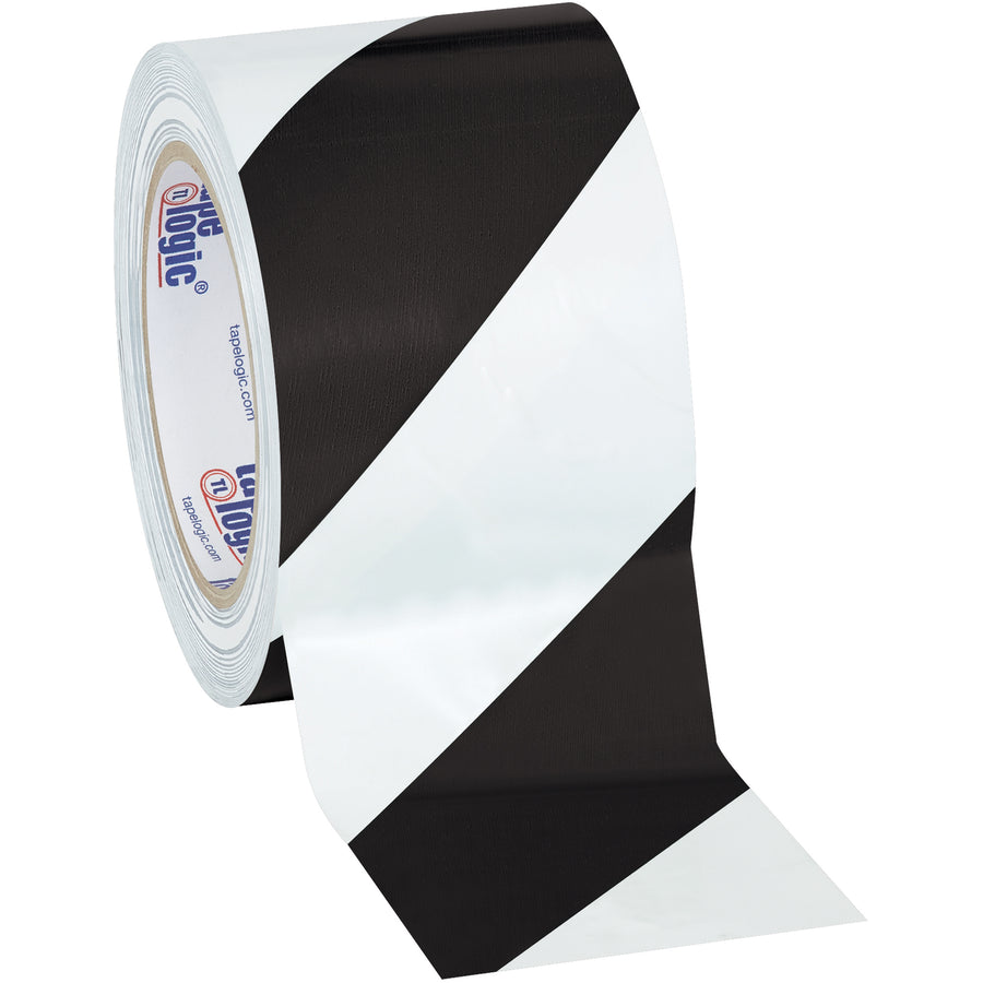 Heavy-duty 7.0 mil vinyl safety tape with bold black/white stripes for high-visibility hazard marking and floor boundaries. Each case includes 16 rolls of 3" x 36 yds, resisting oil, grease, moisture, and solvents for demanding warehouse and packing line environments.