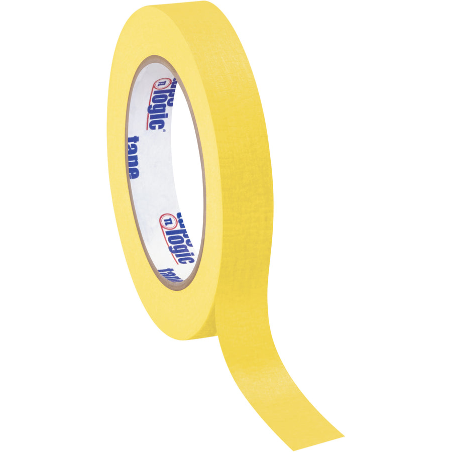 Heavy-duty yellow masking tape designed for packing line labeling, coding, and case identification in industrial environments. 3/4" width x 60-yard rolls with 4.9 mil crepe paper construction withstands medium-temperature applications. Order full case of 12 rolls for consistent adhesion and core compatibility across your entire operation.