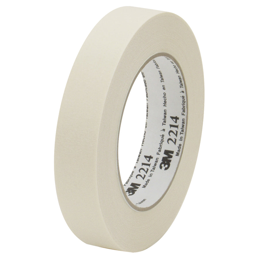 Industrial-grade 3M 2214 crepe paper masking tape designed for high-speed packing lines and case sealing applications. 1.5" x 60 yards per roll with 5.2 mil thickness and reliable rubber adhesive. Sold as a case of 24 rolls for consistent inventory management and superior cost efficiency.