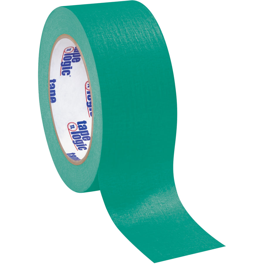 Professional-grade dark green masking tape designed for packing line supervisors who need reliable core compatibility and consistent dispenser performance. Each roll measures 2" x 60 yards with 4.9 mil crepe paper construction, sold as a case of 12 for maximum operational efficiency and cost savings on medium-temperature applications.