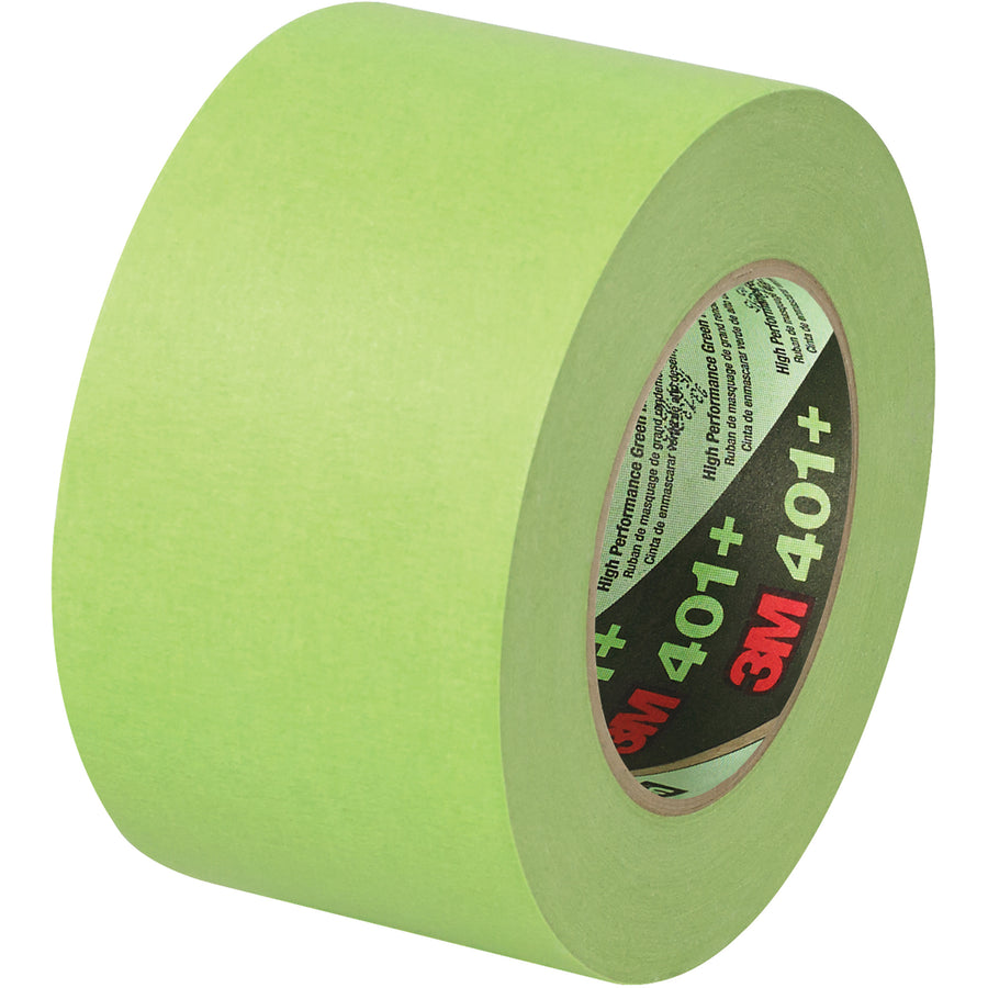 Professional-grade 3M 401+ high performance green masking tape delivers superior adhesion and sharp paint lines without bleed-through. The 6.7 mil crepe paper backing with natural/synthetic rubber adhesive removes cleanly in one piece with zero residue. Each case includes 8 rolls of 3" x 60 yds for maximum packing line efficiency.