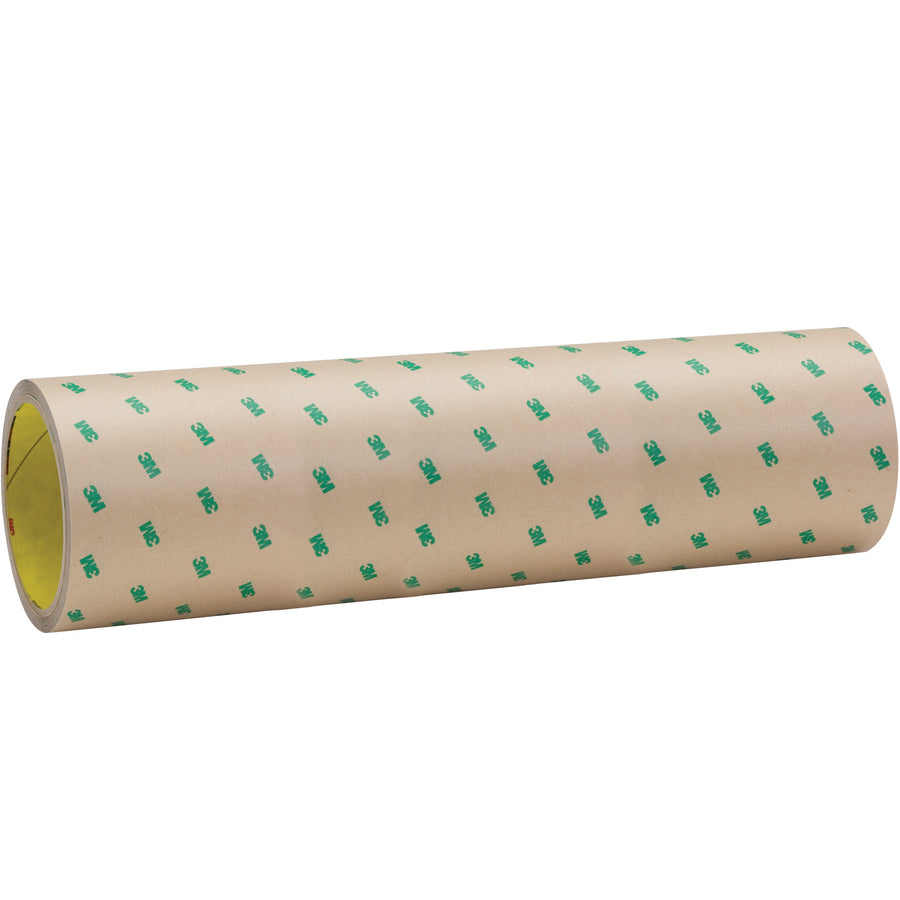 3M 9502 adhesive transfer tape hand roll delivers economical, no-mess graphic attachment and industrial joining for packing lines. The 12" x 60 yds clear transfer tape features 2.3 mil polycoated kraft liner with acrylic adhesive‚easy to apply, die-cut, and dispense without mess. High temperature, moisture, solvent, and UV resistant performance keeps your seals and bonds intact.