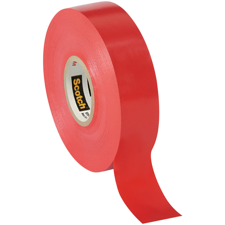Professional-grade red vinyl color-coded electrical tape designed for packing line supervisors who need reliable circuit and phase identification. 3/4" x 66' rolls, 7 mil thickness with pressure-sensitive rubber-resin adhesive rated for 600V insulation. Case of 10 rolls delivers consistent adhesion and dispenser compatibility across your sealing operations.