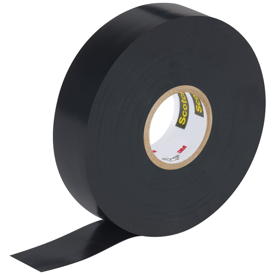 Heavy-duty 3/4" x 66' black vinyl electrical tape with 8.5 mil thickness for superior wire and cable splicing. Rated for 600V applications with pressure-sensitive rubber adhesive that grips in extreme temperatures (-0 to 220°F). Sold as a case of 10 rolls for production lines and maintenance teams.