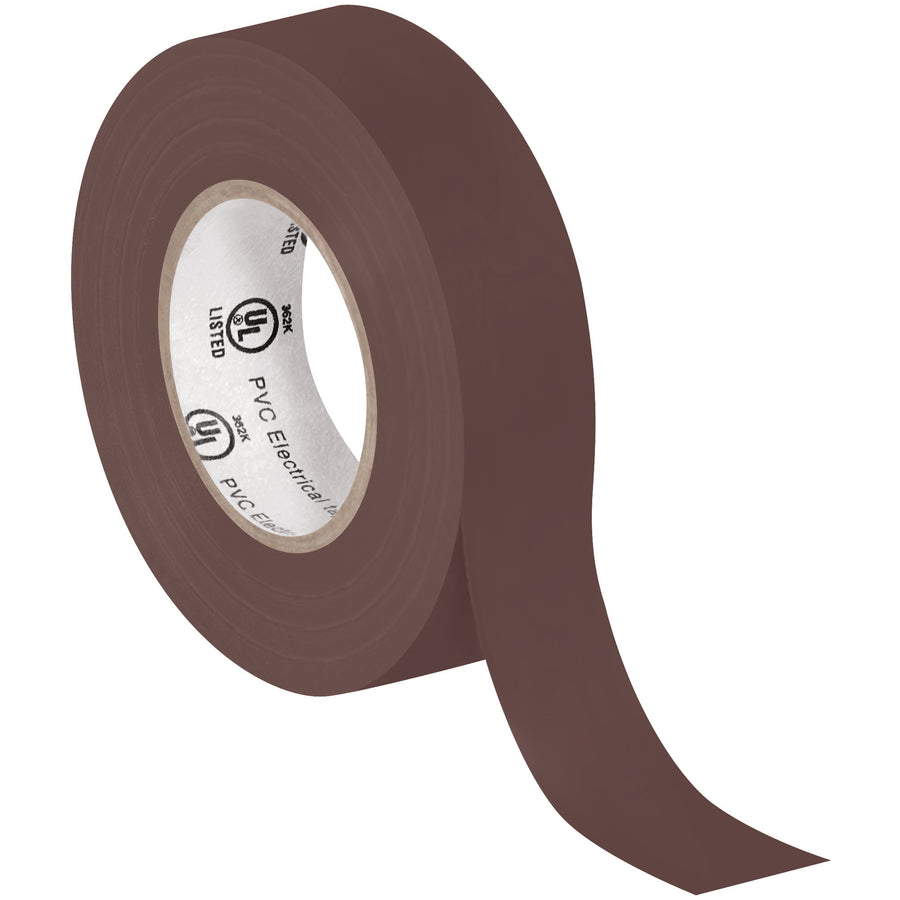 Professional-grade brown vinyl electrical tape for high-voltage cable splices and repairs. Each case includes 10 rolls of 3/4" x 20 yds tape with 7 mil thickness. UL listed and color-coded for easy identification during maintenance and installation work.