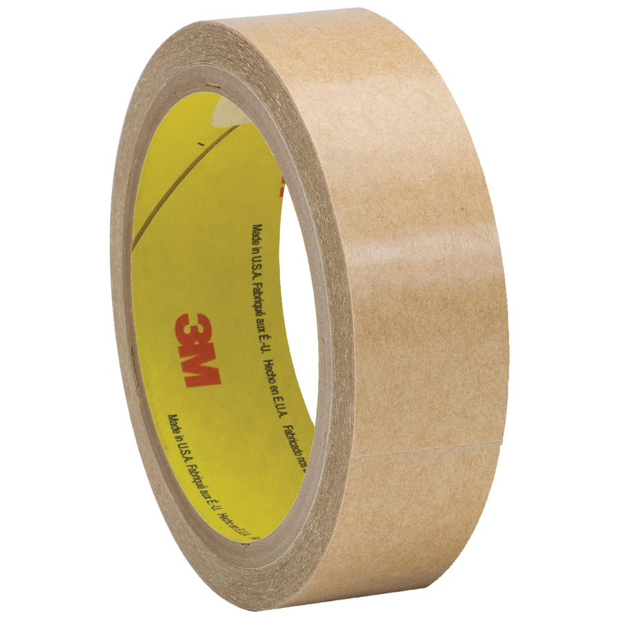 High-tack 3M 927 adhesive transfer tape designed for packing line supervisors who need reliable splicing and mounting on textured and smooth surfaces. Each case includes 6 hand rolls of 1" x 60 yds with densified kraft paper liner and durable acrylic adhesive. UV and chemical resistant for demanding packaging applications.