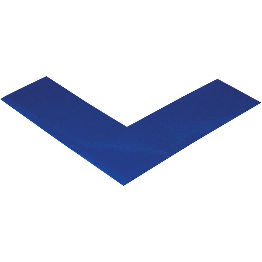 Pre-cut 6" x 6" x 2" blue PVC safety tape angles that withstand heavy warehouse traffic while removing cleanly without residue. Beveled edges prevent tearing from equipment. Case of 24 angles for reliable floor marking and pallet location definition.
