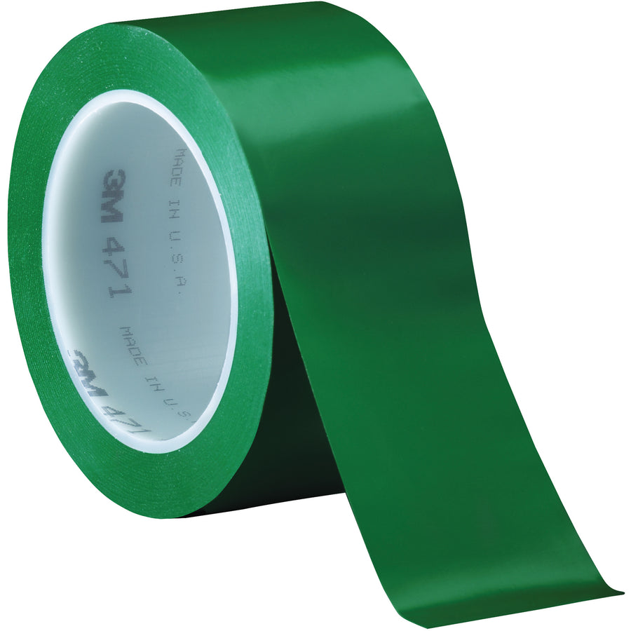3M Vinyl Tape 471 delivers fast-stick rubber adhesive for immediate case sealing without drips or cleanup. This 5.2 mil green vinyl tape resists moisture, chemicals, and abrasion–ideal for packing lines requiring durable color coding and splicing. Each case includes three 2" × 36 yard rolls.